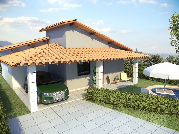 Entrada do empreendimento Portofino com telhado cerâmico e jardim.