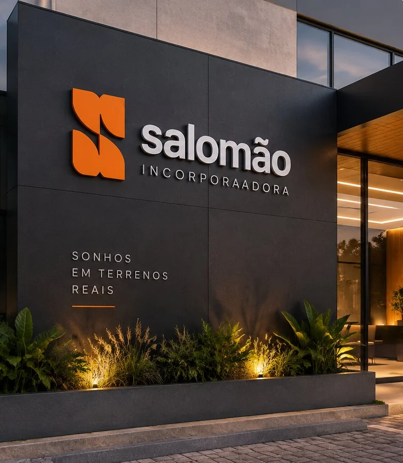 Marca da Salomão Incorporadora em parede escura com iluminação e plantas.